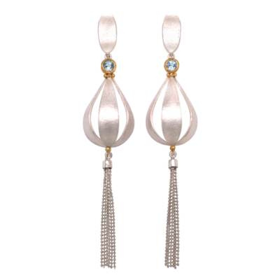 Seedcase earrings a symbol of changing seasons made with pure gold and silver and long tassels