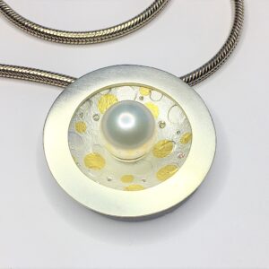 Pearl and diamond pendant ,large pearl pendant, silver and gold pearl pendant, large freshwater pearl pendant, white pearl pendant,