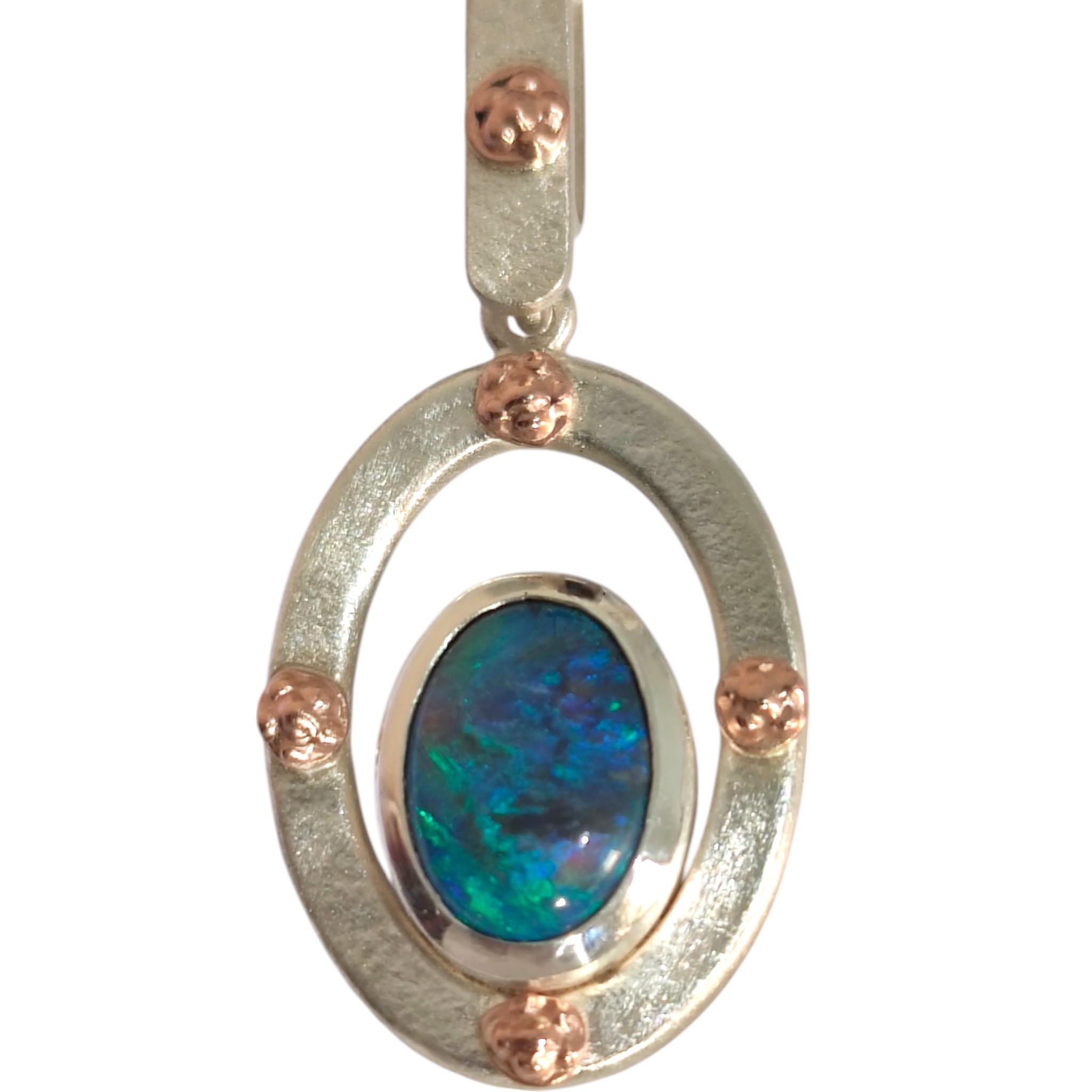 Lightning Ridge Green on black Opal pendant The shimmering pure silver halo setting has rose gold rosette highlights.