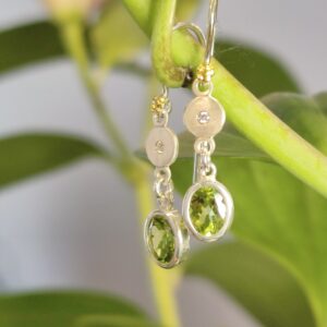 peridot diamond earrings, silver and peridot earring, diamonds